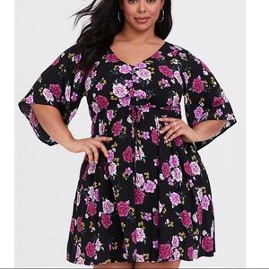 BLACK FLORAL CHALLIS KIMONO SLEEVE SKATER DRESS